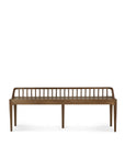 The Spindle Bench - Natural Teak by Ethnicraft features a minimalist, modern design with four legs, a flat seat, and a spindle backrest. Crafted from reclaimed teak, it showcases smooth lines against a plain white background.