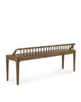 The Ethnicraft Spindle Bench - Natural Teak features a minimalist design with four straight legs and a single low backrest of vertical slats, crafted from reclaimed teak with a smooth, natural finish.