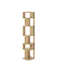 The Ethnicraft Stairs Column - Oak is a tall, five-tier corner shelf with open, staggered shelving, designed to fit snugly in a corner for stylish storage or display.