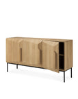 The Ethnicraft Stairs Sideboard - 3 Door features a modern European oak design with three geometric doors, interior shelving, a light wood finish, and slim black metal legs—ideal for high-traffic areas.