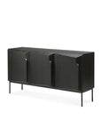 The Stairs Sideboard - 3 door by Ethnicraft, crafted from European black-stained oak with slim black metal legs and three geometric doors, offers classic European refinement against a white background.