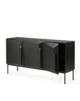 The Ethnicraft Stairs Sideboard - 3 door features European black-stained oak, three geometric doors (one open to show shelving), minimalist design, classic refinement, and slim metal legs for a modern touch.
