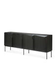 The Ethnicraft Stairs Sideboard - 4 Door is a modern black wooden piece with angular handles, a sleek metal base, and minimalist European oak design, all set against a plain white background.