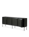 The Ethnicraft Stairs Sideboard - 4 door is a modern black piece with textured, angular cabinet doors, a sleek black metal base, and one door partially open to show interior shelving.