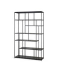 The Ethnicraft Studio Rack is a modern black metal bookshelf with an open frame and multiple asymmetrical shelves, inspired by studio rack design, shown against a plain white background.