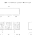 Technical drawing of the Ethnicraft Mosaic Sideboard - 3 doors, showcasing expert craftsmanship, front mosaic detail, and dimensions (inches): 67W x 32.3H x 17.7D—displayed in front, side, and top views.