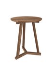 The Ethnicraft Tripod Side Table - Teak features a small, round design with three angled legs joined by a triangular base, displaying expert craftsmanship against a white background.