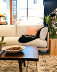 A modern living room features the SOBU Woody Sofa SAMPLE_(DZ) in light gray with solid ash wood, accented by a pink pillow and black blanket. A wooden coffee table displays potpourri and a plant, while a patterned rug and green plants add warmth.