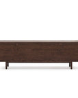 The Yorke Sideboard by Wooden Stories features clean, minimalist lines, short legs, and a smooth front panel inspired by Scandinavian design. This dark wood storage bench is shown against a plain white background.