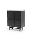 The Yorke Highboard by Wooden Stories is a modern black Scandinavian piece with four square doors and clean lines, elevated on short legs, set against a plain white background.