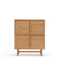 The Yorke Highboard by Wooden Stories features four square doors, a flat top, and a simple frame on short legs, standing against a white background and showcasing timeless Danish design elegance.