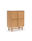 The Wooden Stories Yorke Highboard is a Scandinavian-style light wood piece with four square doors, clean lines, and four straight legs, shown against a white background.