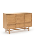 The Yorke Highboard by Wooden Stories is a Danish-inspired wooden sideboard in light oak, with three upper cabinet doors, three lower drawers, and four straight legs.