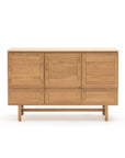 The Yorke Highboard by Wooden Stories is a Scandinavian piece in solid oak with a natural finish, featuring three cabinet doors and three horizontal drawers on a rectangular base with short legs.