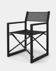 The Harbour Pacific Folding Chair - Black Teak features a modern foldable design with mesh backrest and seat, straight armrests, X-shaped leg supports, and a sleek black finish—ideal for stylish outdoor spaces. Set against a plain white background.