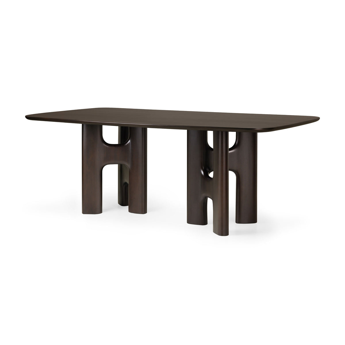 Ethnicraft Flow Dining Table in Mahogany Rose Brown, featuring a rectangular solid wood top with two sculptural, curved pedestal bases.
