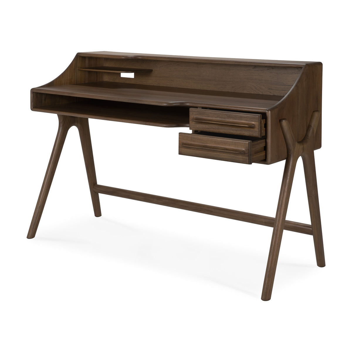 The Flow Desk by Ethnicraft is a modern wooden desk, perfect for contemporary workspaces. It features angled legs, two small right-side drawers, a shelf above the desktop, and an integrated slot for cable management or organization. Crafted from solid mahogany with a rich dark finish, the Flow Desk adds sophistication to any environment.
