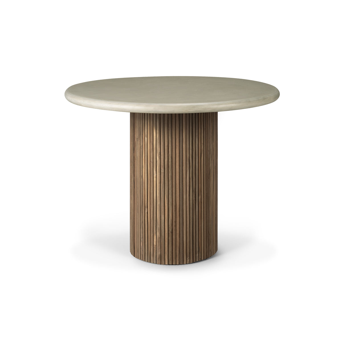 The Roller Max Outdoor Dining Table by Ethnicraft features a smooth, hand-finished light gray concrete tabletop with a round silhouette, supported by a vertical slatted reclaimed teak cylindrical base. The table is showcased against a white background.