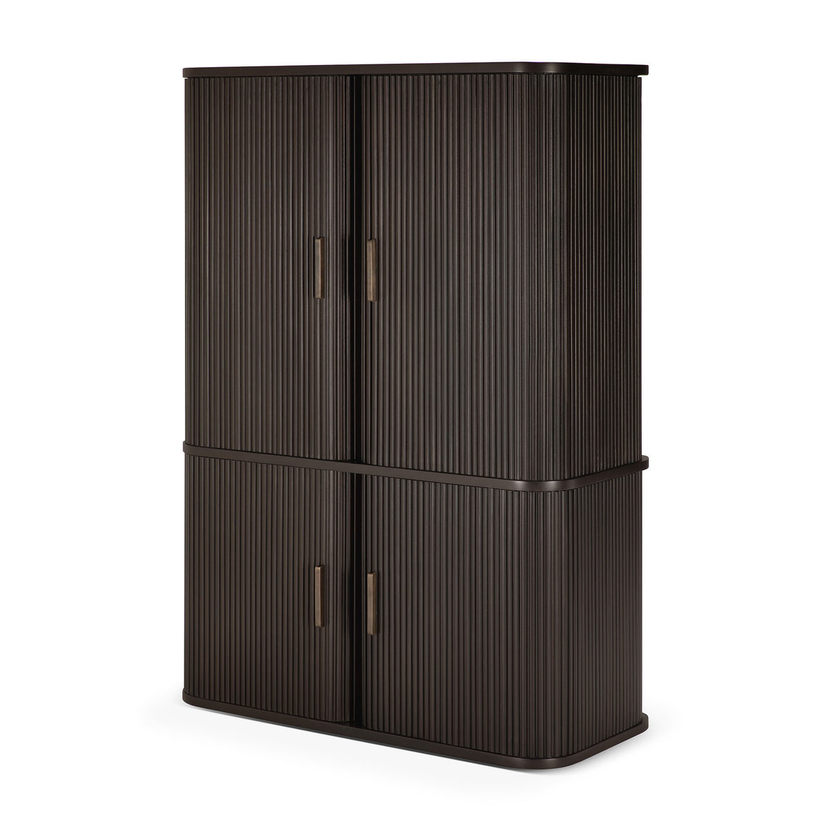 The Ethnicraft Roller Max Filing Cabinet is a tall, dark wooden storage piece featuring four vertically grooved doors with slim handles, rounded edges, and a modern design—perfect for stylish office organization.