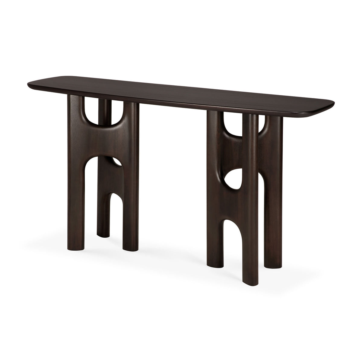 Ethnicraft Flow Console in Mahogany Rose Brown, featuring a slim, rounded top and two sculpted, open-frame legs.