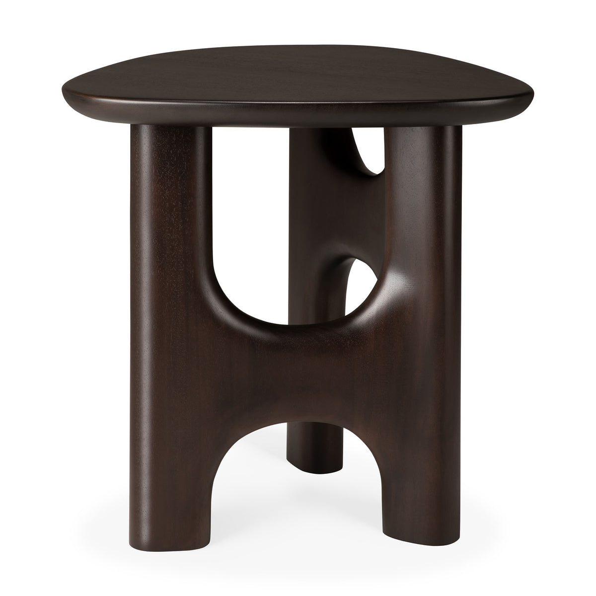 The Flow Side Table by Ethnicraft is a dark brown solid mahogany piece featuring a smooth triangular top and three thick, curved legs connected by rounded arches, beautifully channeling the essence of vintage modern furniture.