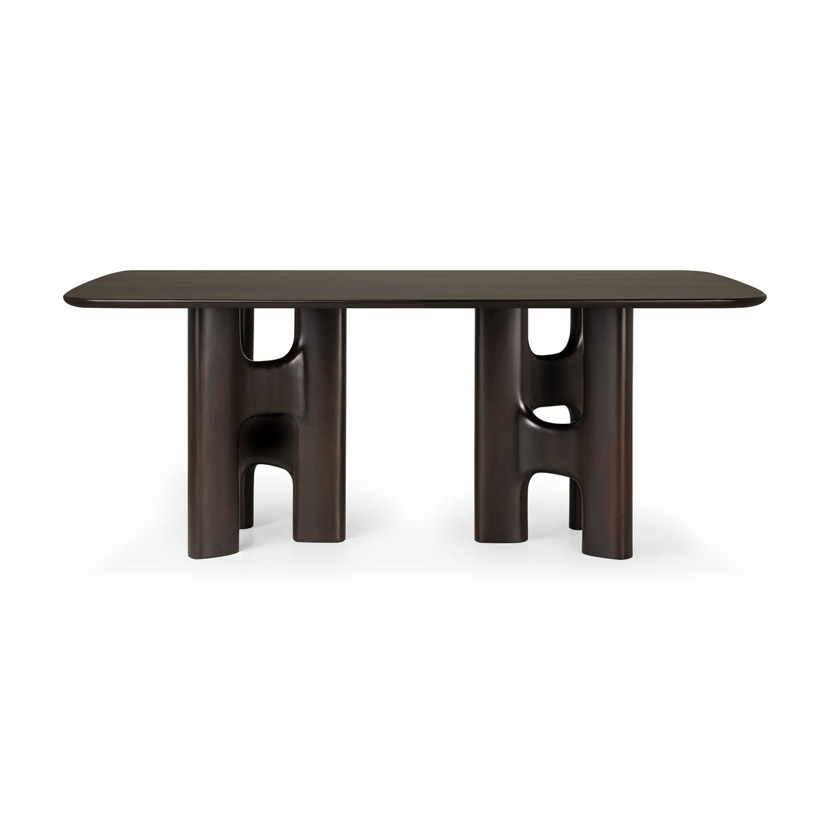 Ethnicraft Flow Dining Table | Mahogany Rose Brown in dark brown solid wood, featuring a rectangular top and two sculptural, H-shaped pedestal legs.