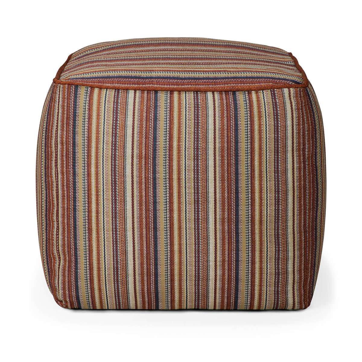 Square Zahara Outdoor Pouf by Ethnicraft, upholstered in multicolored striped weather-resistant fabric with rust-colored piping.