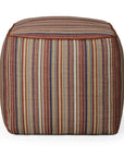 Square Zahara Outdoor Pouf by Ethnicraft, upholstered in multicolored striped weather-resistant fabric with rust-colored piping.