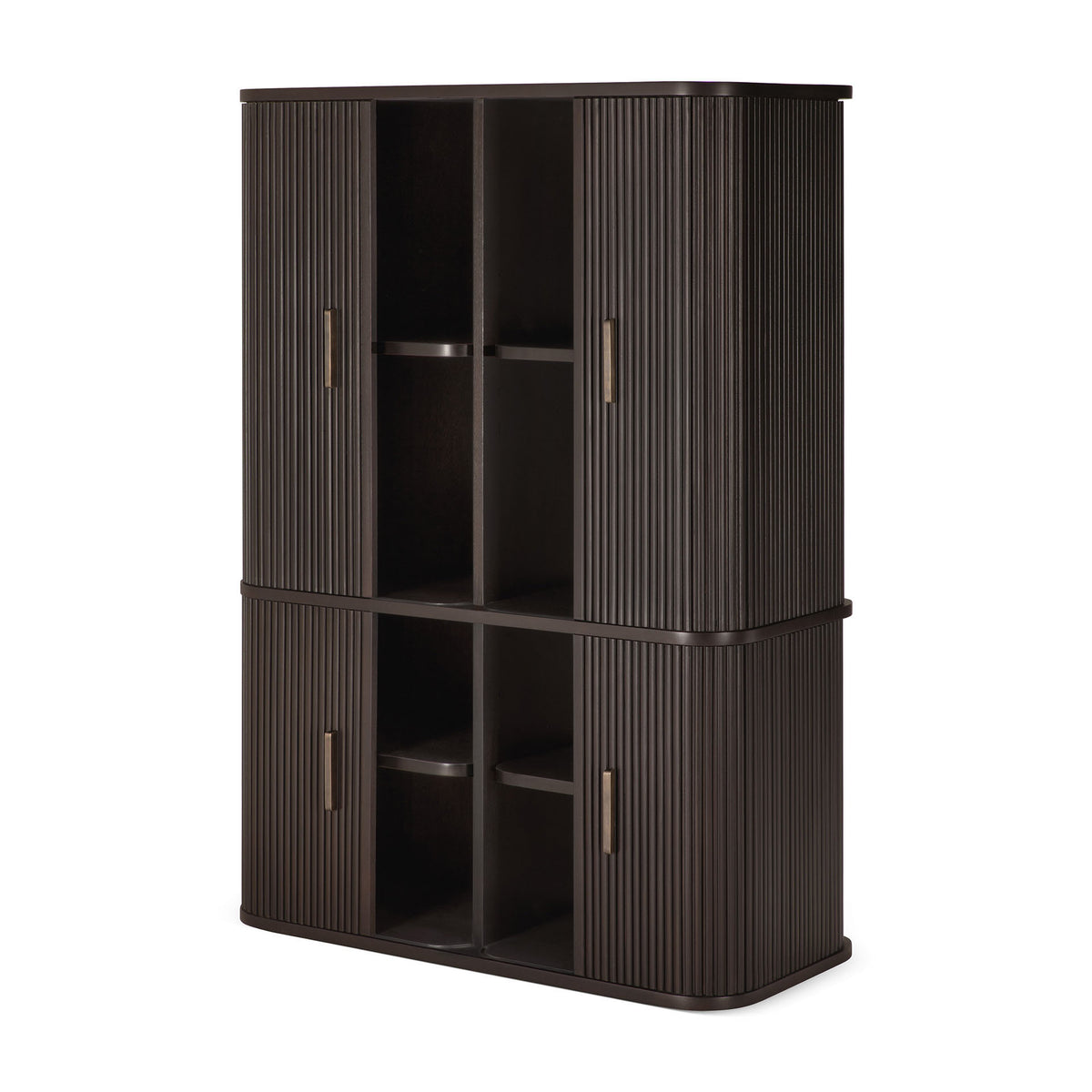 The Roller Max Filing Cabinet by Ethnicraft is a tall, dark brown wooden storage solution featuring two sections—each with four central open shelves and ribbed doors accented by long vertical handles on either side. With its rounded corners and smooth surfaces, this filing cabinet offers a modern yet timeless design, reminiscent of Ethnicraft’s signature office storage style.