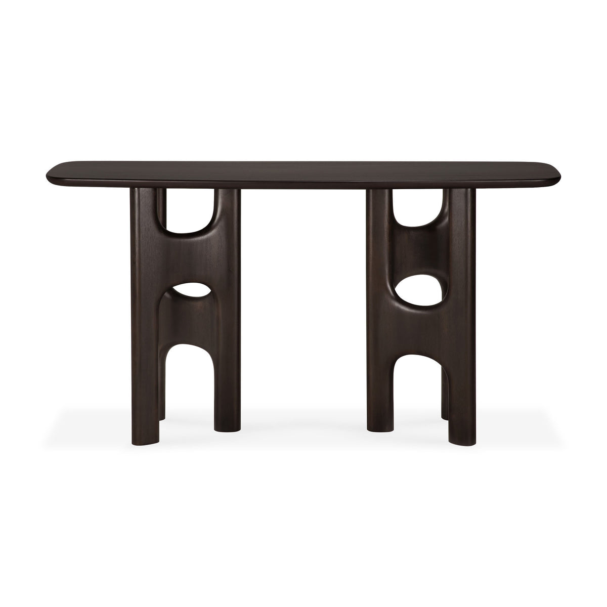 Ethnicraft Flow Console | Mahogany Rose Brown, a dark brown wooden table with a smooth top supported by two sculptural, cutout legs.
