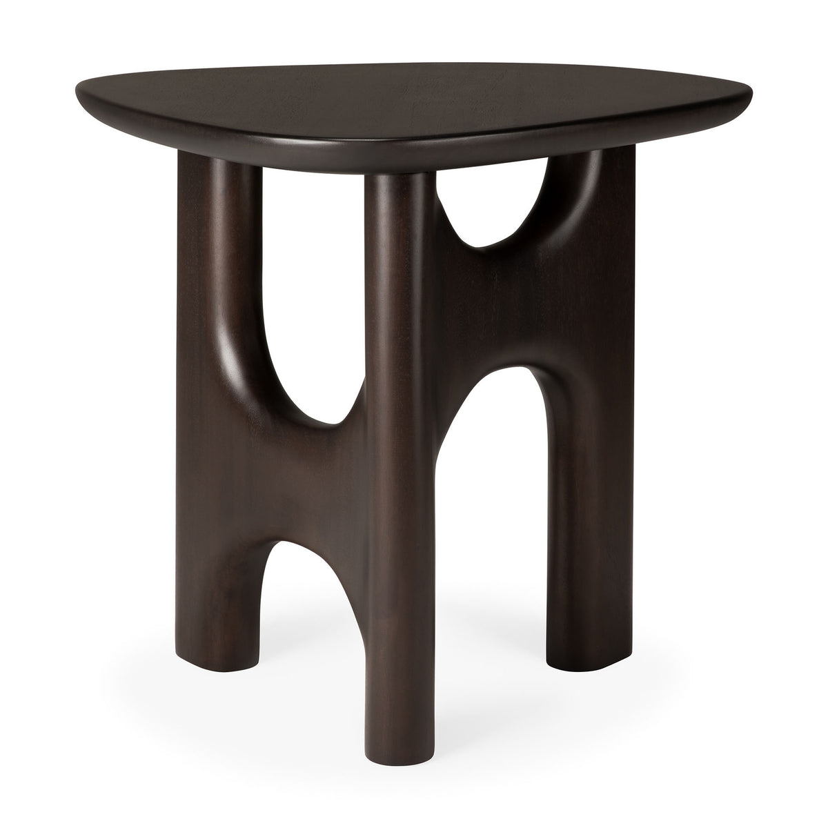 The Flow Side Table by Ethnicraft is a compact, dark solid mahogany piece featuring three sculpted legs and curved cutout accents. Its rounded triangular top and artistic, modern design reflect the refined elegance of vintage modern furniture.