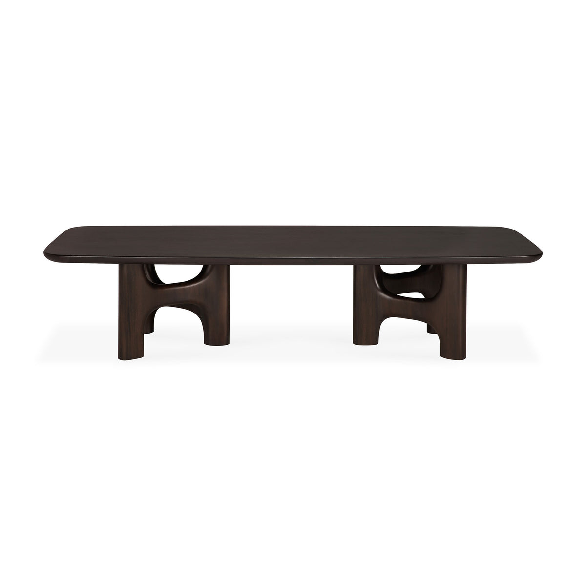 Ethnicraft Flow Coffee Table | Mahogany Rose Brown with a solid wood, wide rectangular top and two sculptural, arch-shaped legs.