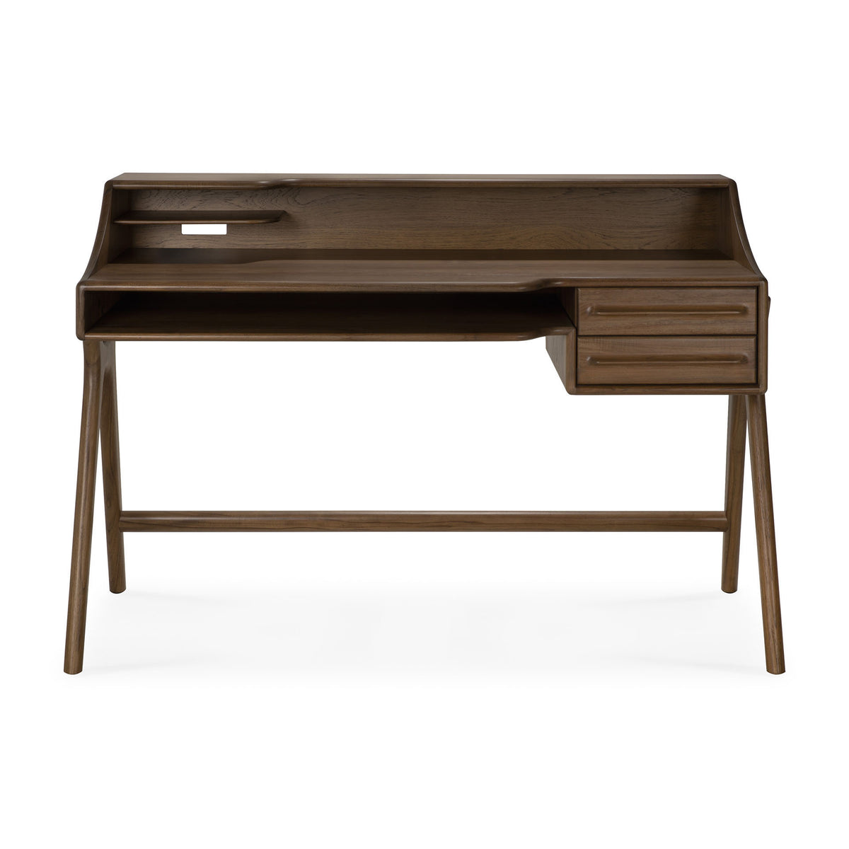 The Flow Desk by Ethnicraft features a minimalist mid-century modern design, crafted from solid mahogany with a smooth brown finish. It offers two drawers on the right, an open shelf on the left, raised back and sides, and signature angled legs—making it an ideal choice for modern workspaces.
