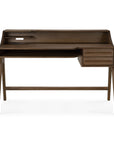 The Flow Desk by Ethnicraft features a minimalist mid-century modern design, crafted from solid mahogany with a smooth brown finish. It offers two drawers on the right, an open shelf on the left, raised back and sides, and signature angled legs—making it an ideal choice for modern workspaces.