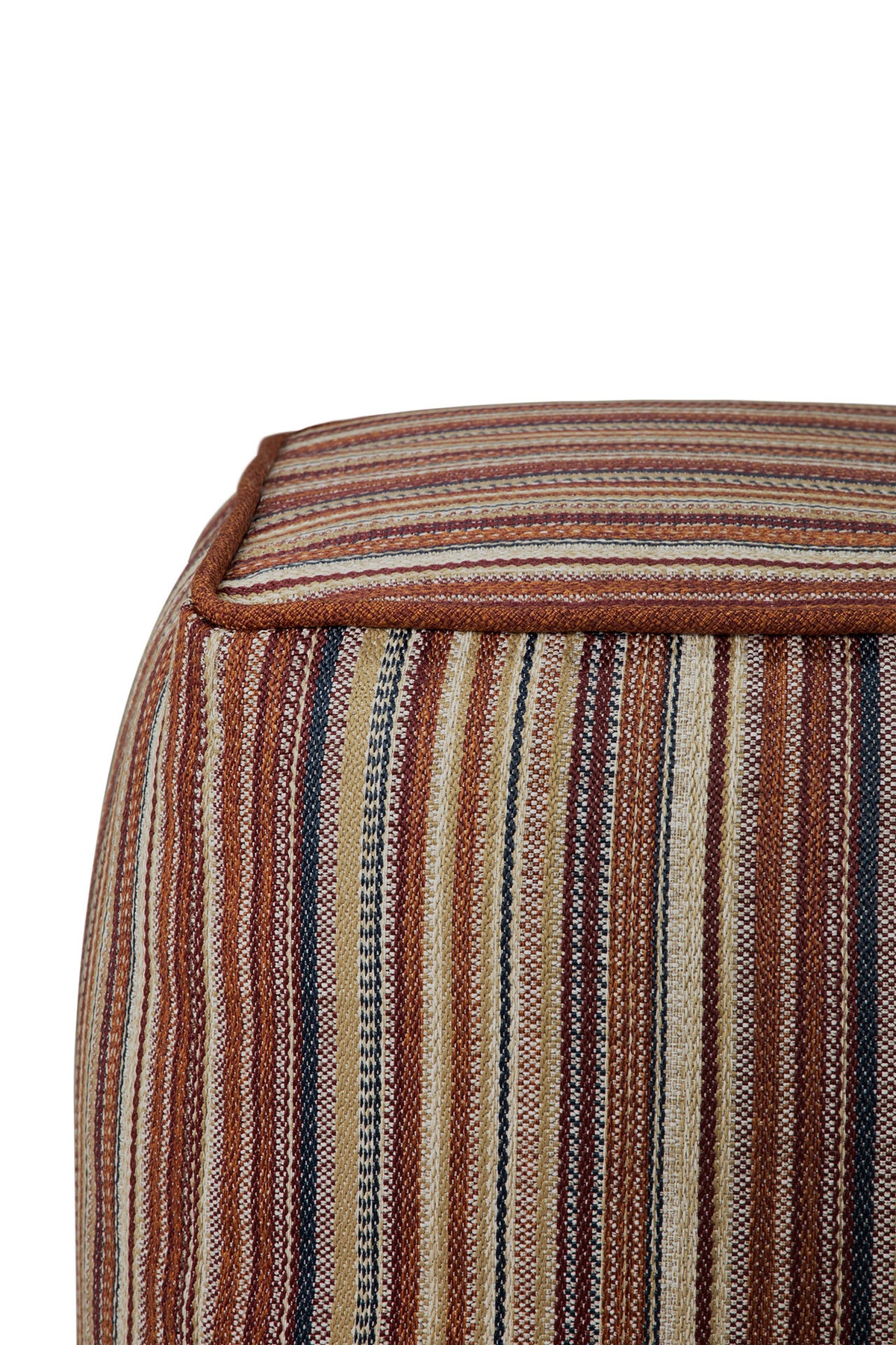 Close-up of an Ethnicraft Zahara Outdoor Pouf, a cube-shaped seat featuring a multi-colored vertical striped pattern in shades of brown, beige, and blue.