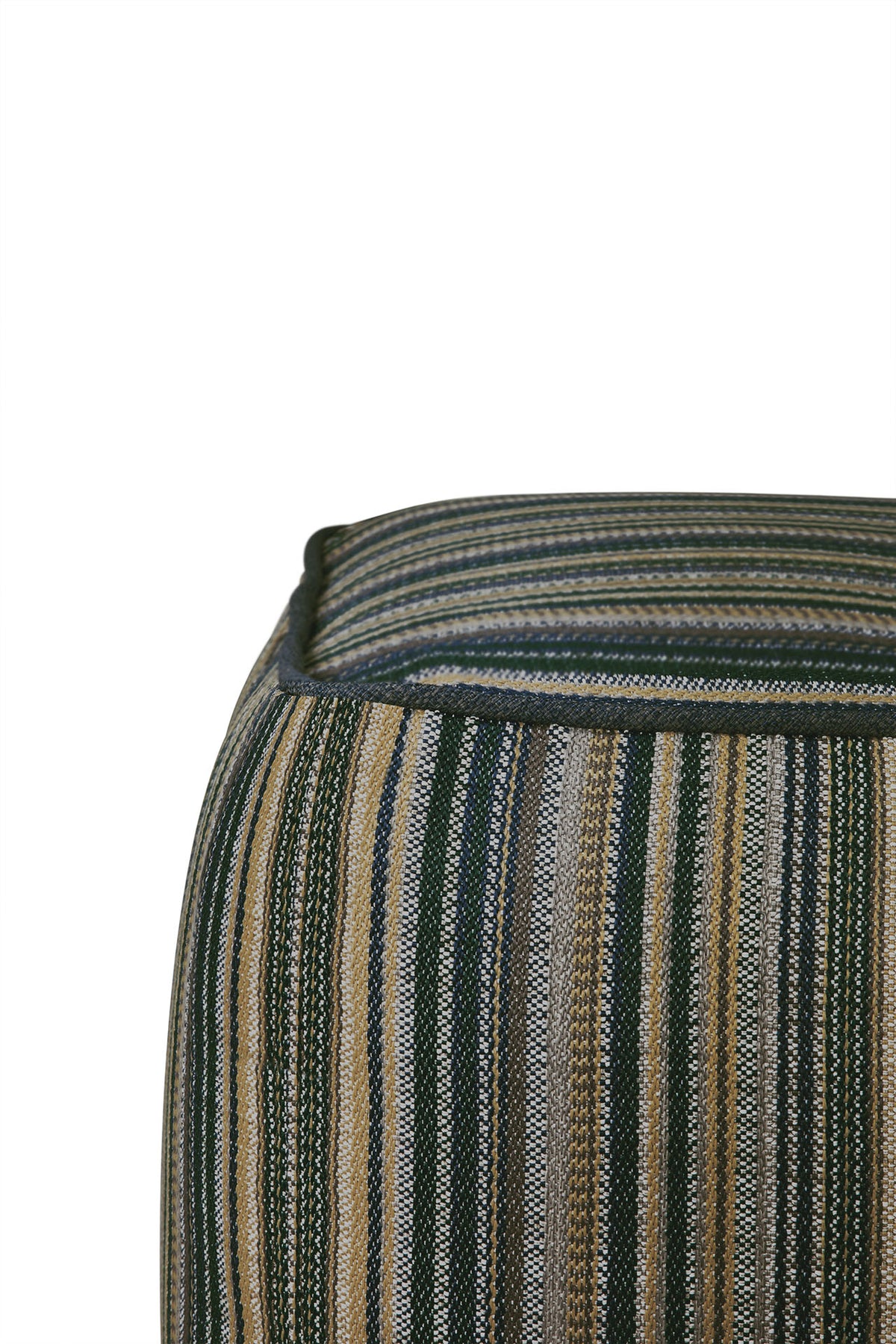 Close-up of a square Zahara Outdoor Pouf by Ethnicraft featuring a woven vertical stripe pattern in shades of green, yellow, brown, and cream with dark piping along the edge in weather-resistant fabric.