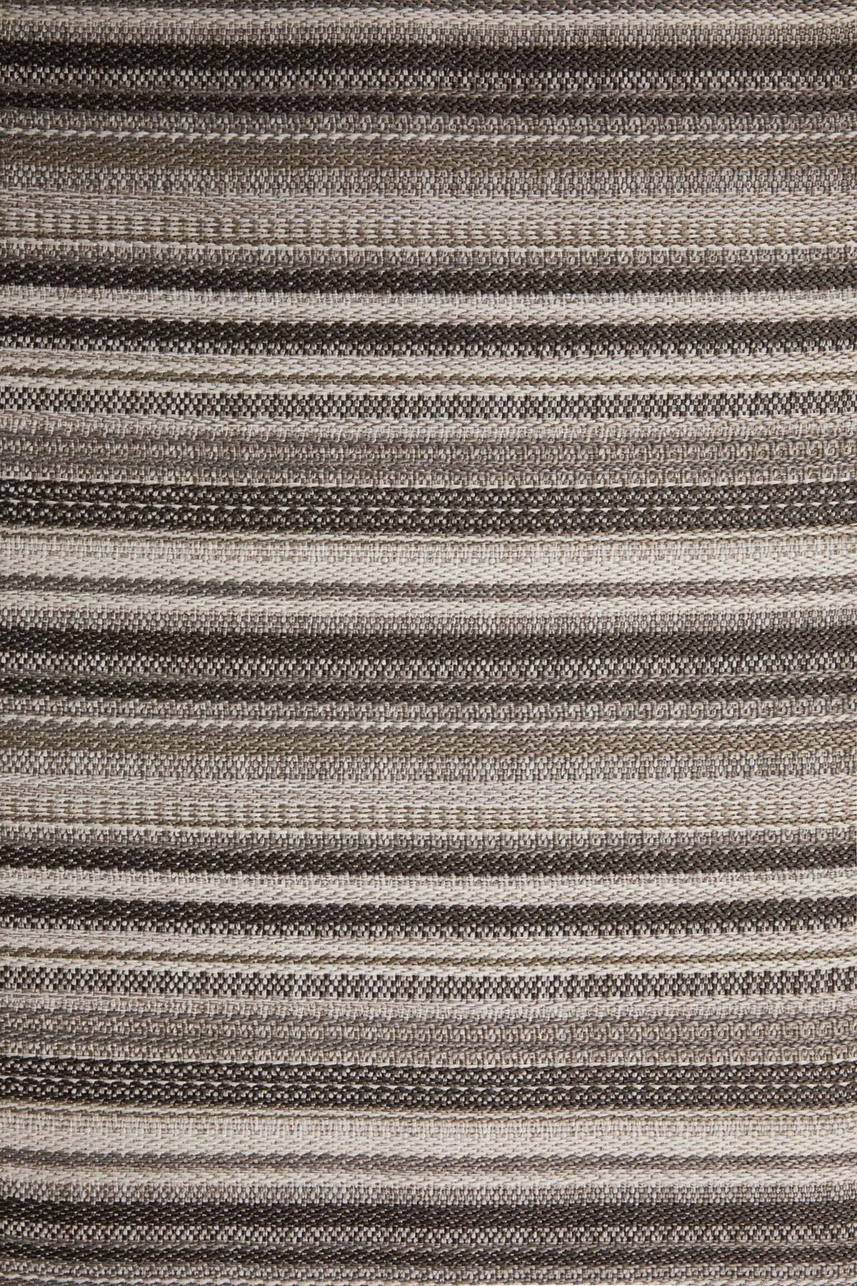 Close-up of a Zahara Outdoor Pouf in weather-resistant, woven Ethnicraft fabric featuring horizontal stripes in varying shades of beige, brown, and cream.