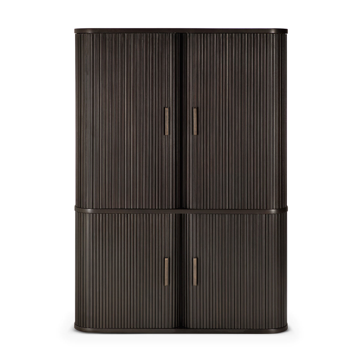 Introducing the Roller Max Filing Cabinet by Ethnicraft—a tall, dark wood cabinet distinguished by its four vertical doors with slim, vertical handles. Featuring a ribbed texture and rounded edges, this piece blends stylish modern design with superb functionality, making it an elegant choice for office storage or as a refined filing cabinet. Inspired by Ethnicraft’s renowned craftsmanship, the Roller Max Filing Cabinet offers timeless appeal for any contemporary workspace.