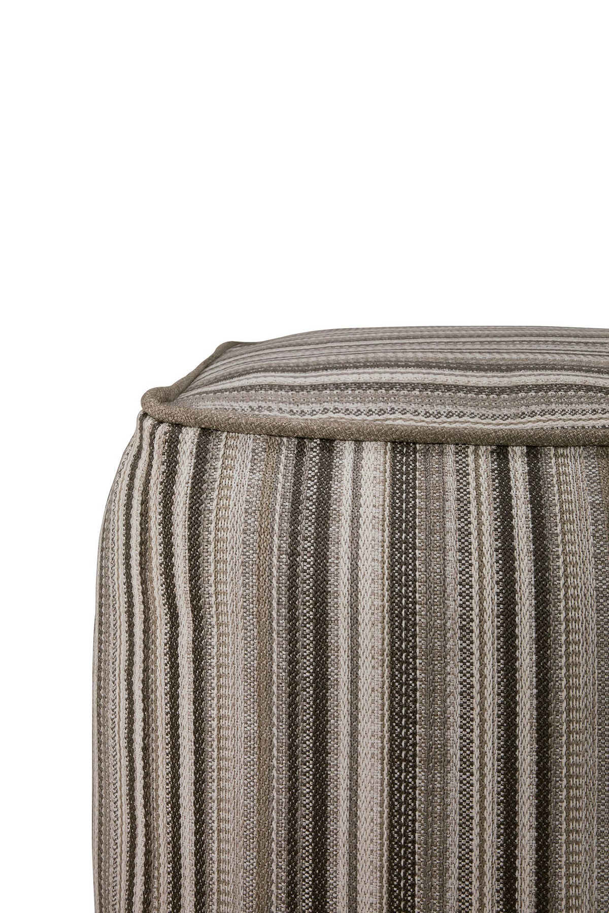 Close-up of a square weather-resistant Zahara Outdoor Pouf by Ethnicraft, featuring a brown and cream vertical striped pattern.