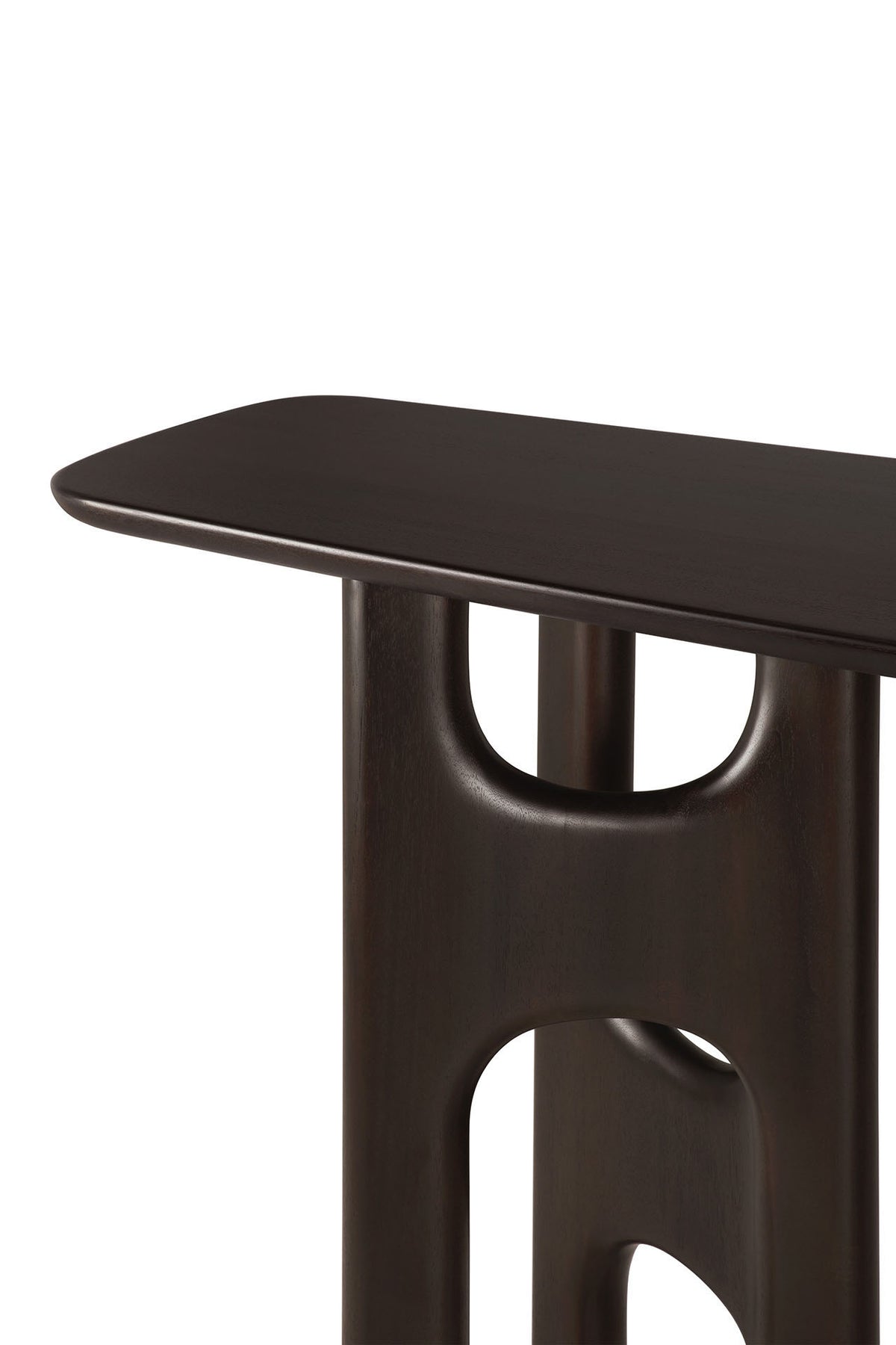 A dark brown mahogany rose brown Ethnicraft Flow Console table with a smooth tabletop and a pedestal base featuring rounded cutouts.