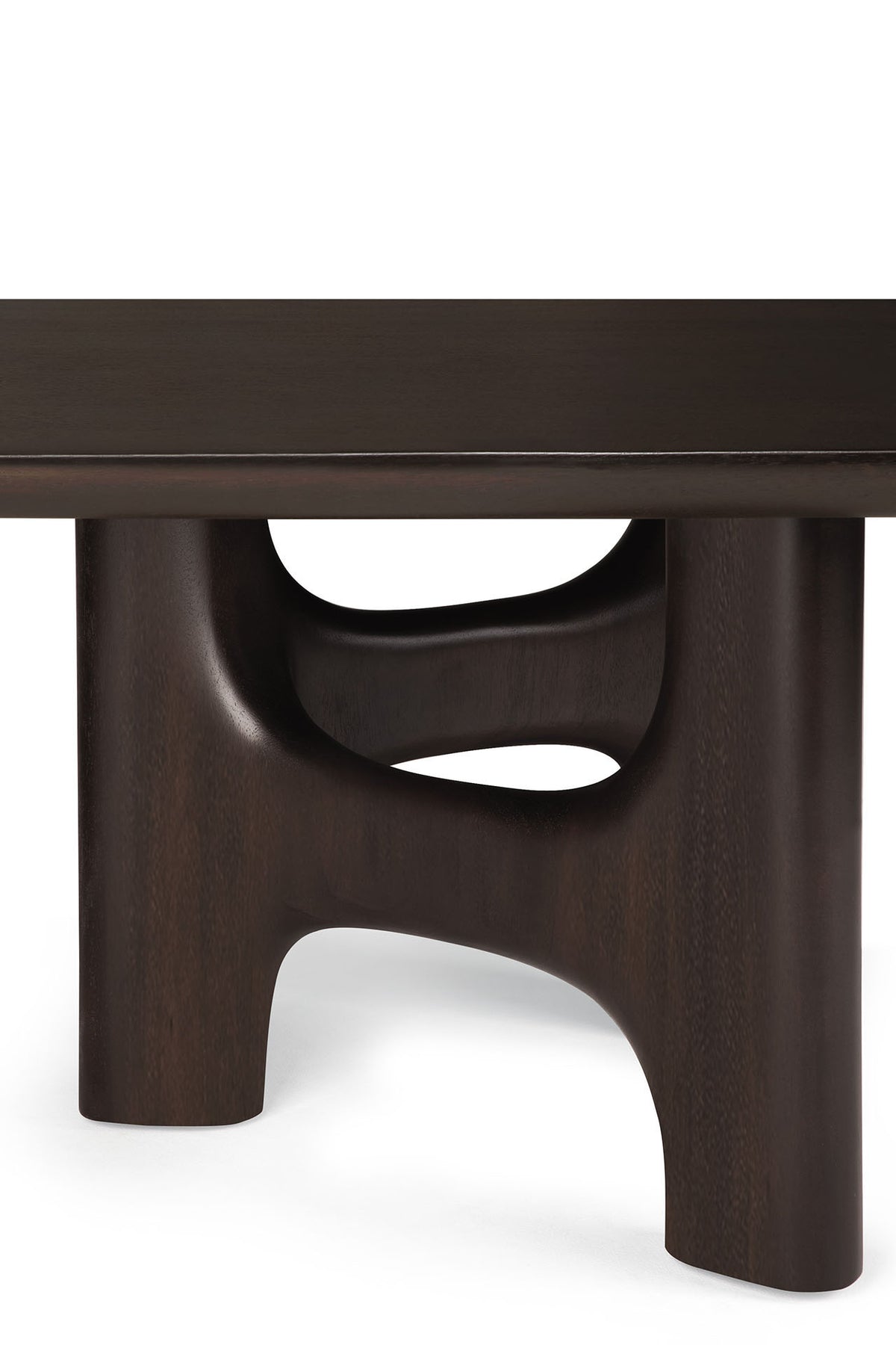 Ethnicraft Flow Coffee Table | Mahogany Rose Brown with a rectangular top and sculptural, curved dark brown solid wood legs.