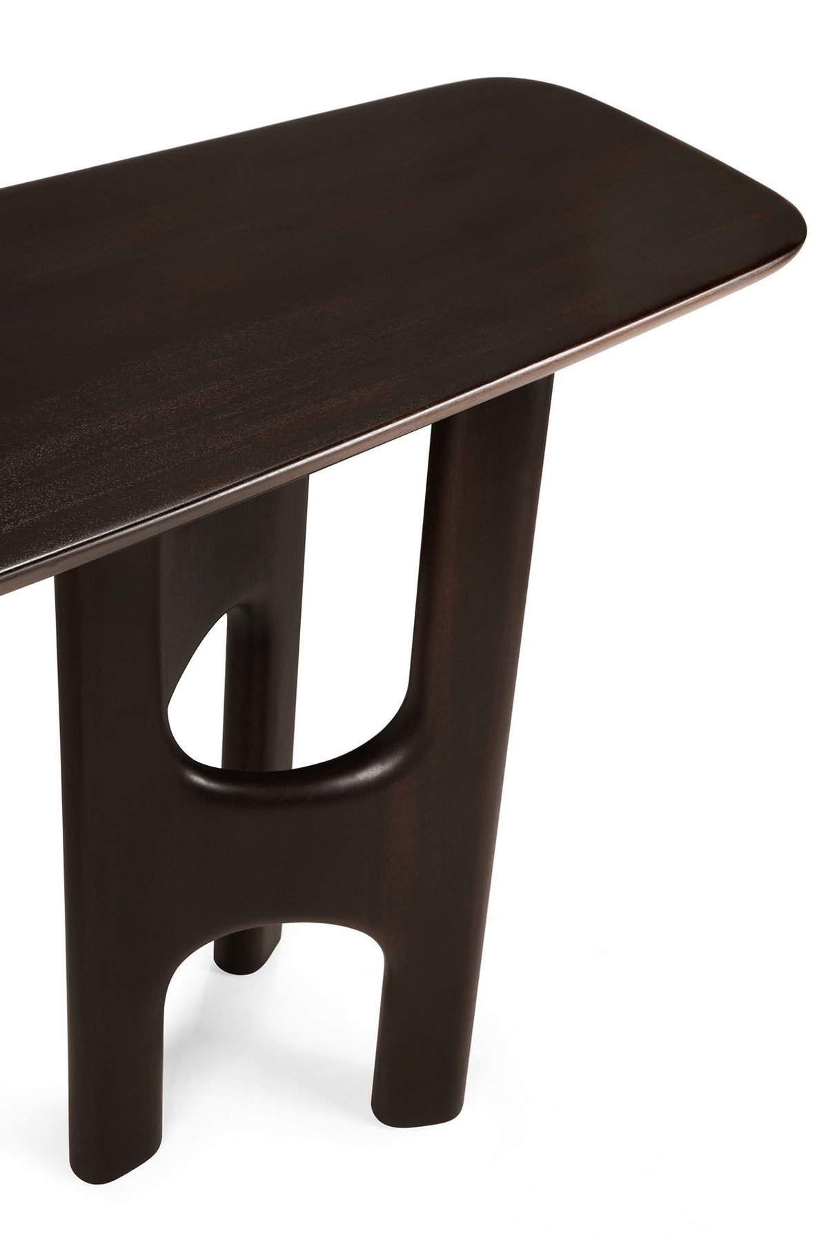 Ethnicraft Flow Console | Mahogany Rose Brown table with a dark brown finish, smooth rounded tabletop, and arched, cutout legs.