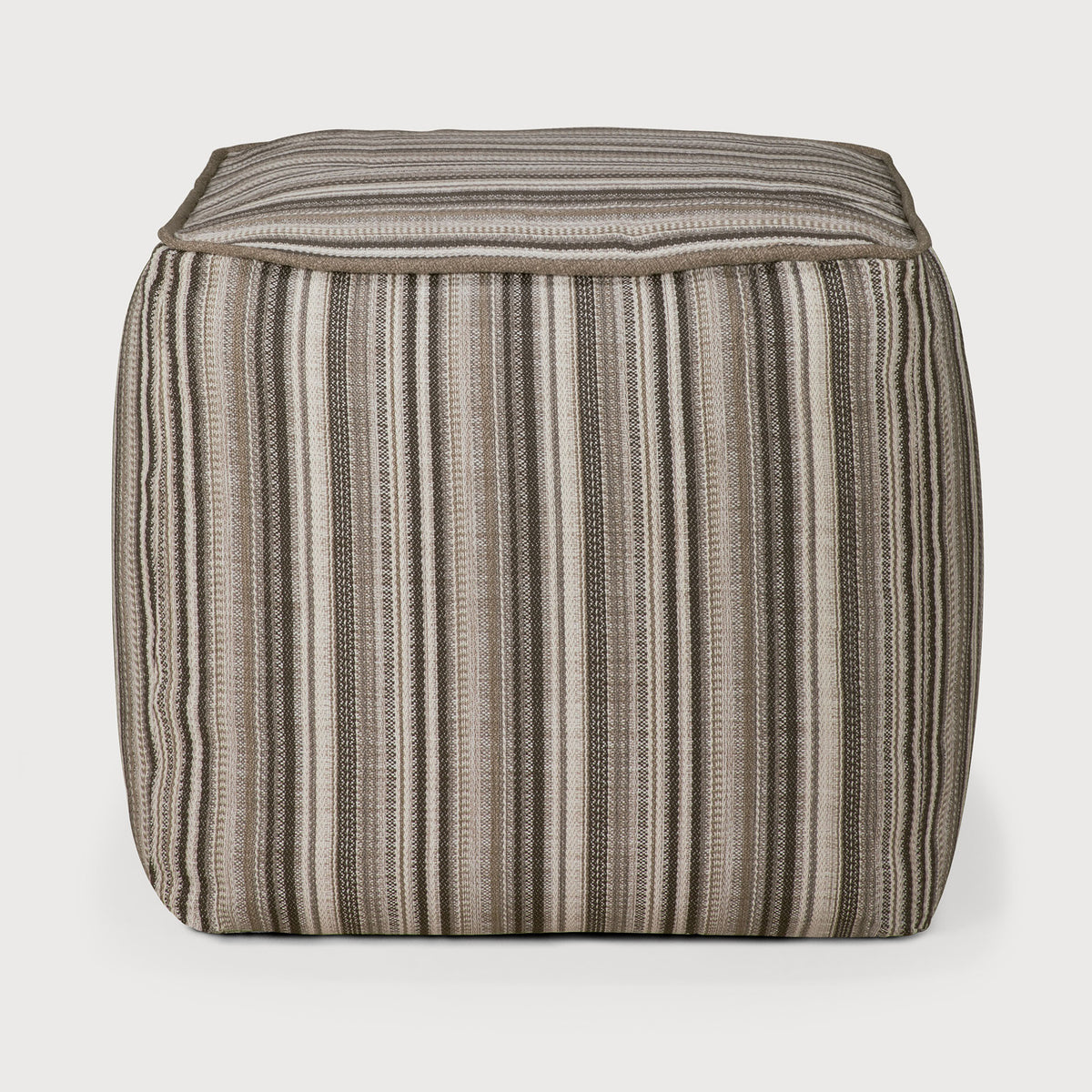 Ethnicraft Zahara Outdoor Pouf in a square shape with a vertical striped pattern in shades of brown, beige, and white.