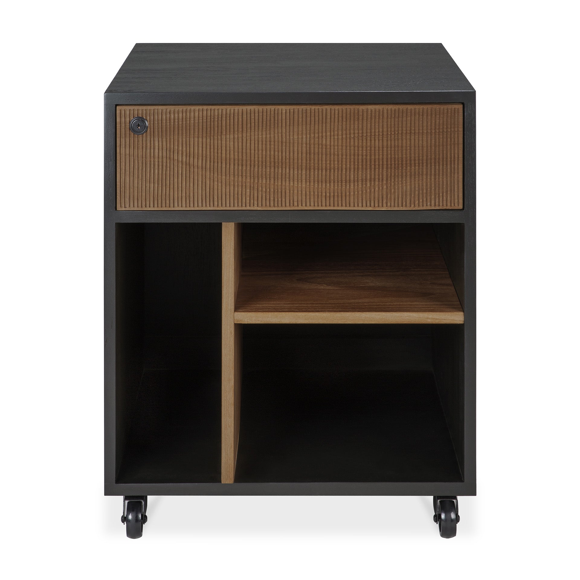The Ethnicraft Oscar Drawer Unit is a modern piece in black and wood, featuring casters for mobility, a single textured solid teak drawer at the top, open office storage compartments below with a shelf divider.
