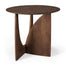 The Ethnicraft Geometric Side Table - Teak Brown features a modern round solid teak top and sculptural intersecting base, adding minimalist contemporary style to any room.