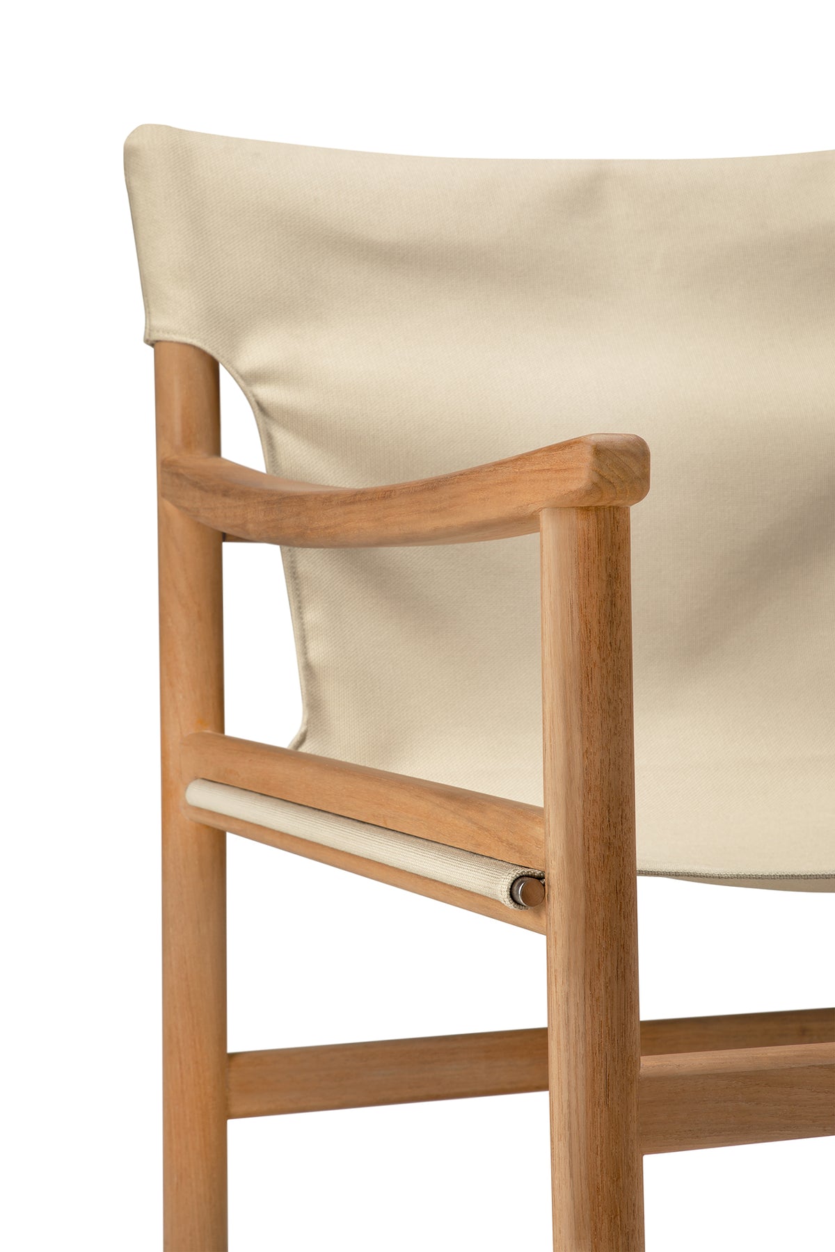 Close-up of the Ethnicraft Safari Lounge Chair featuring a light-colored fabric backrest and seat, with clean lines and a minimalist design set against a white background.