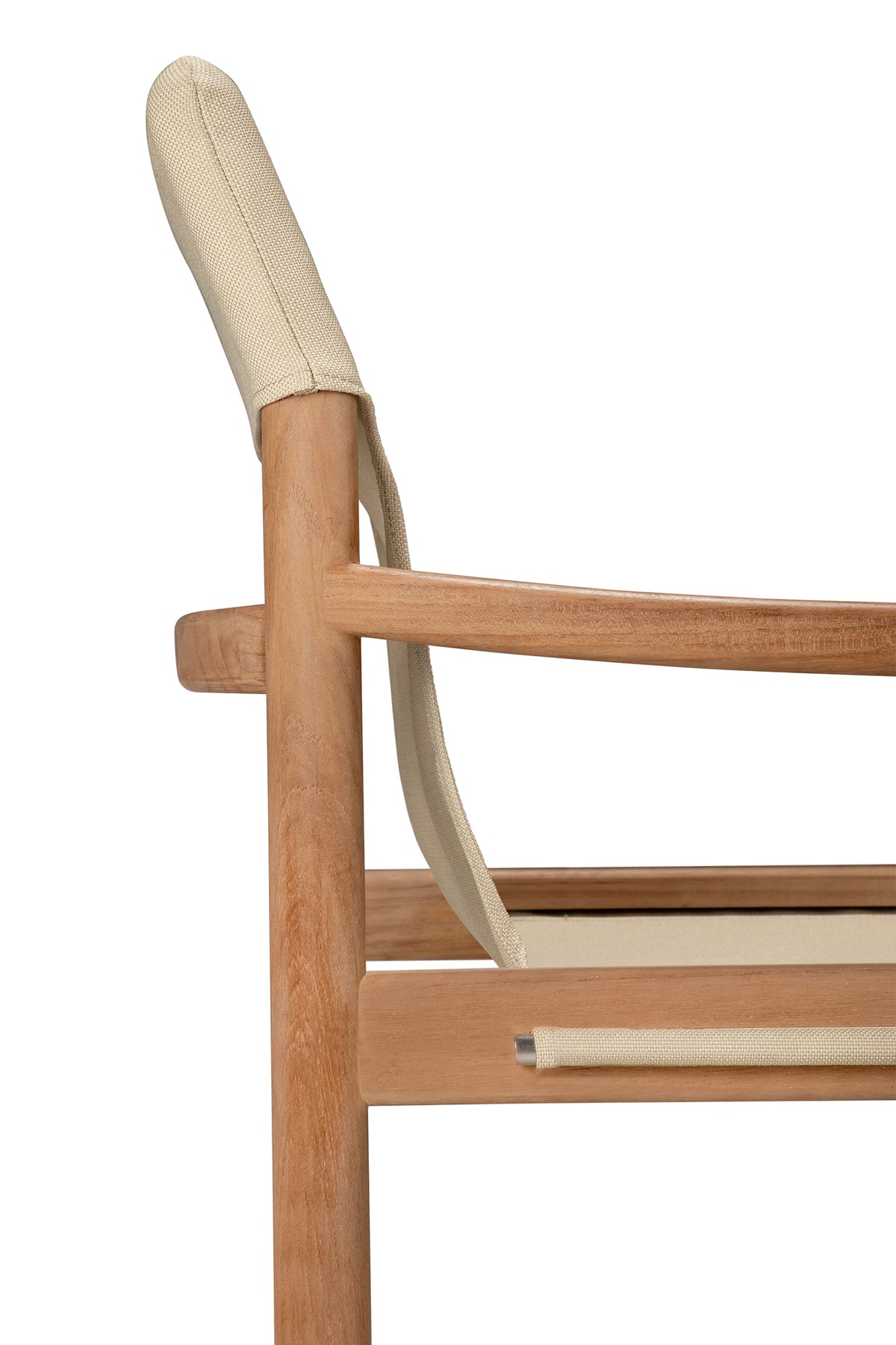 Side view of the Safari Lounge Chair by Ethnicraft, featuring a wooden frame and light beige fabric backrest and seat, highlighting its simple, minimalist design against a white background.