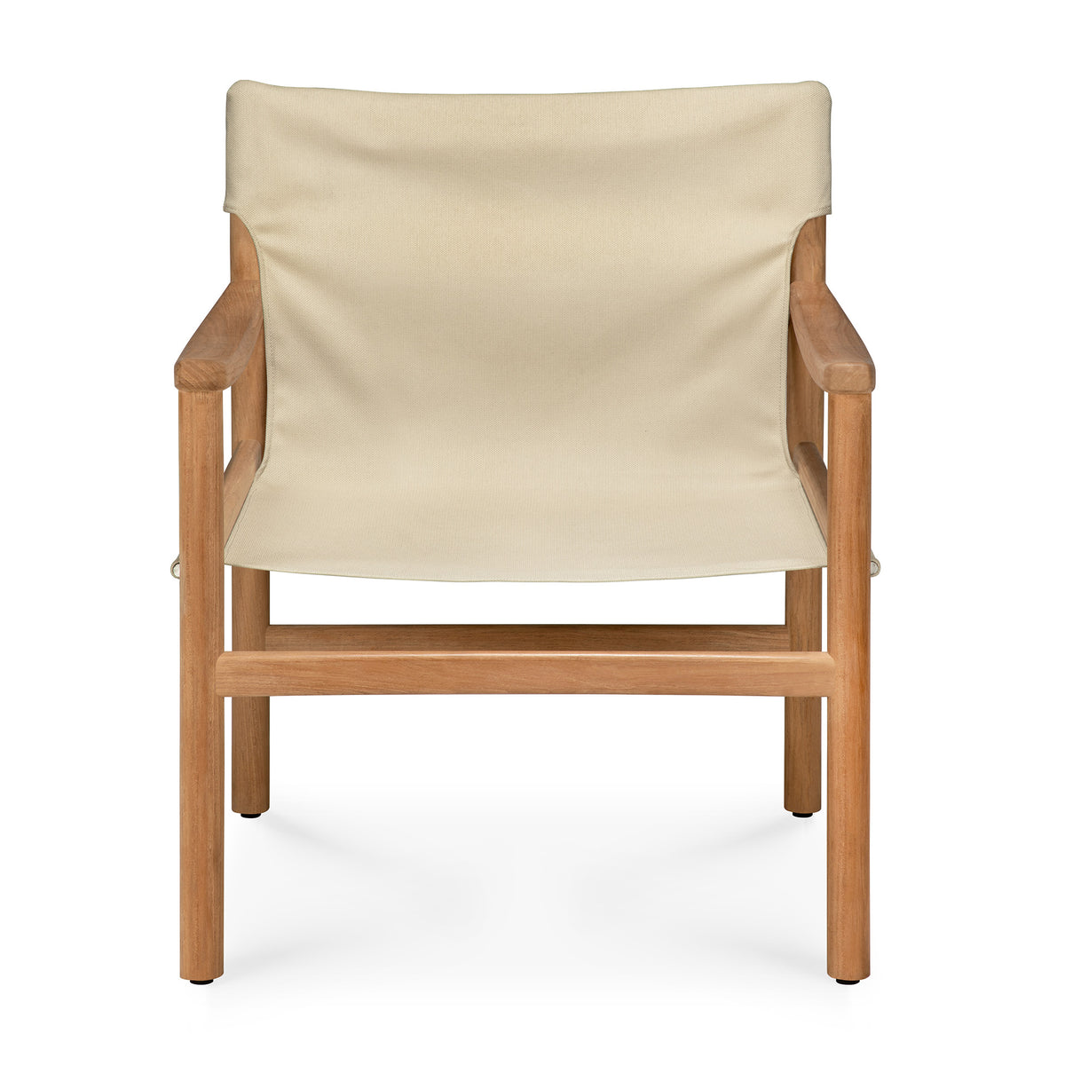 The Ethnicraft Safari Lounge Chair, shown from the front against a white background, features a wooden frame with straight legs and armrests, complemented by a beige fabric seat and backrest. Its simple, modern design is characteristic of Ethnicraft’s signature style.