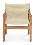 The Ethnicraft Safari Lounge Chair, shown from the front against a white background, features a wooden frame with straight legs and armrests, complemented by a beige fabric seat and backrest. Its simple, modern design is characteristic of Ethnicraft’s signature style.