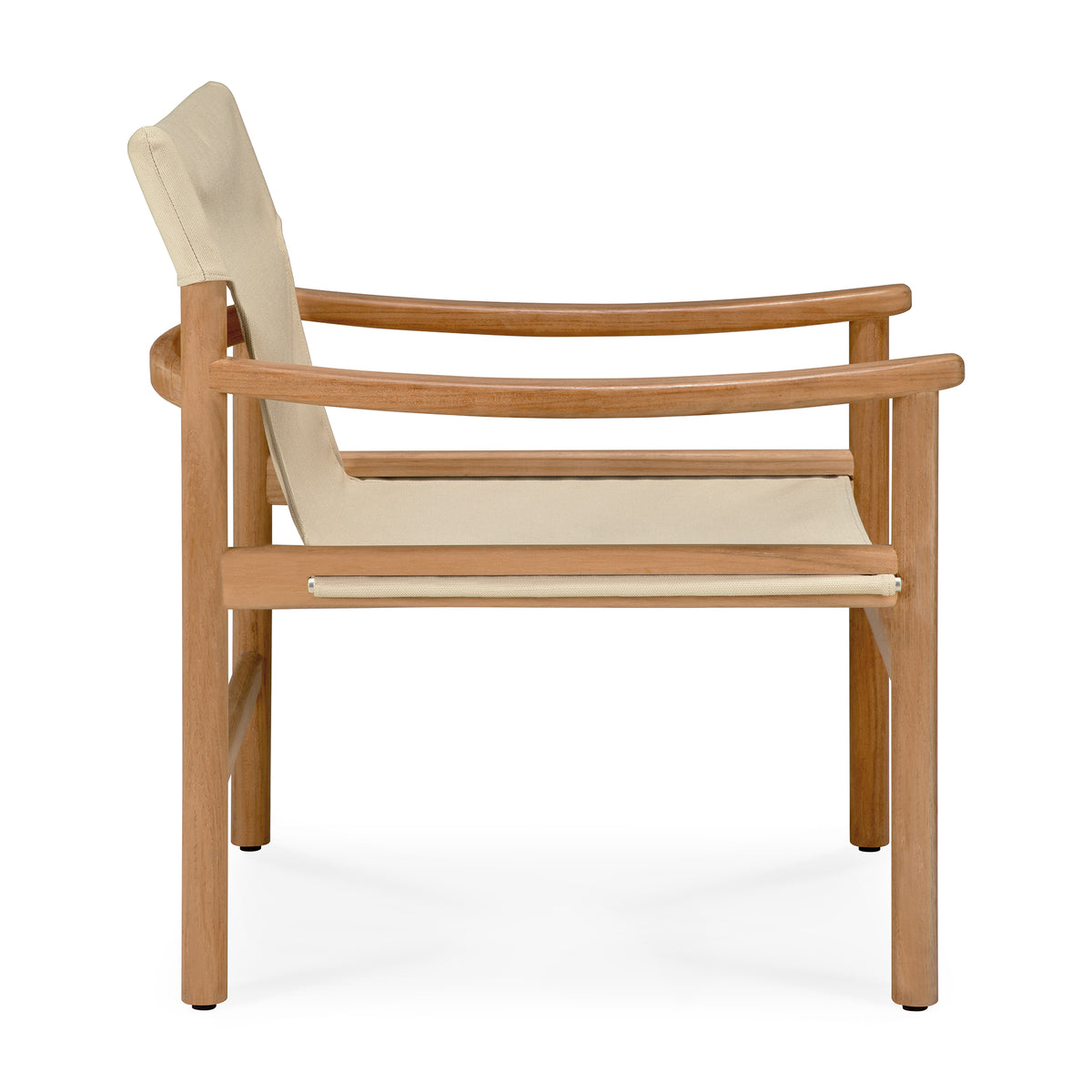 A side view of the Ethnicraft Safari Lounge Chair, showcasing its modern wooden frame with a light beige fabric seat and backrest, minimalist design, and clean lines, set against a white background.